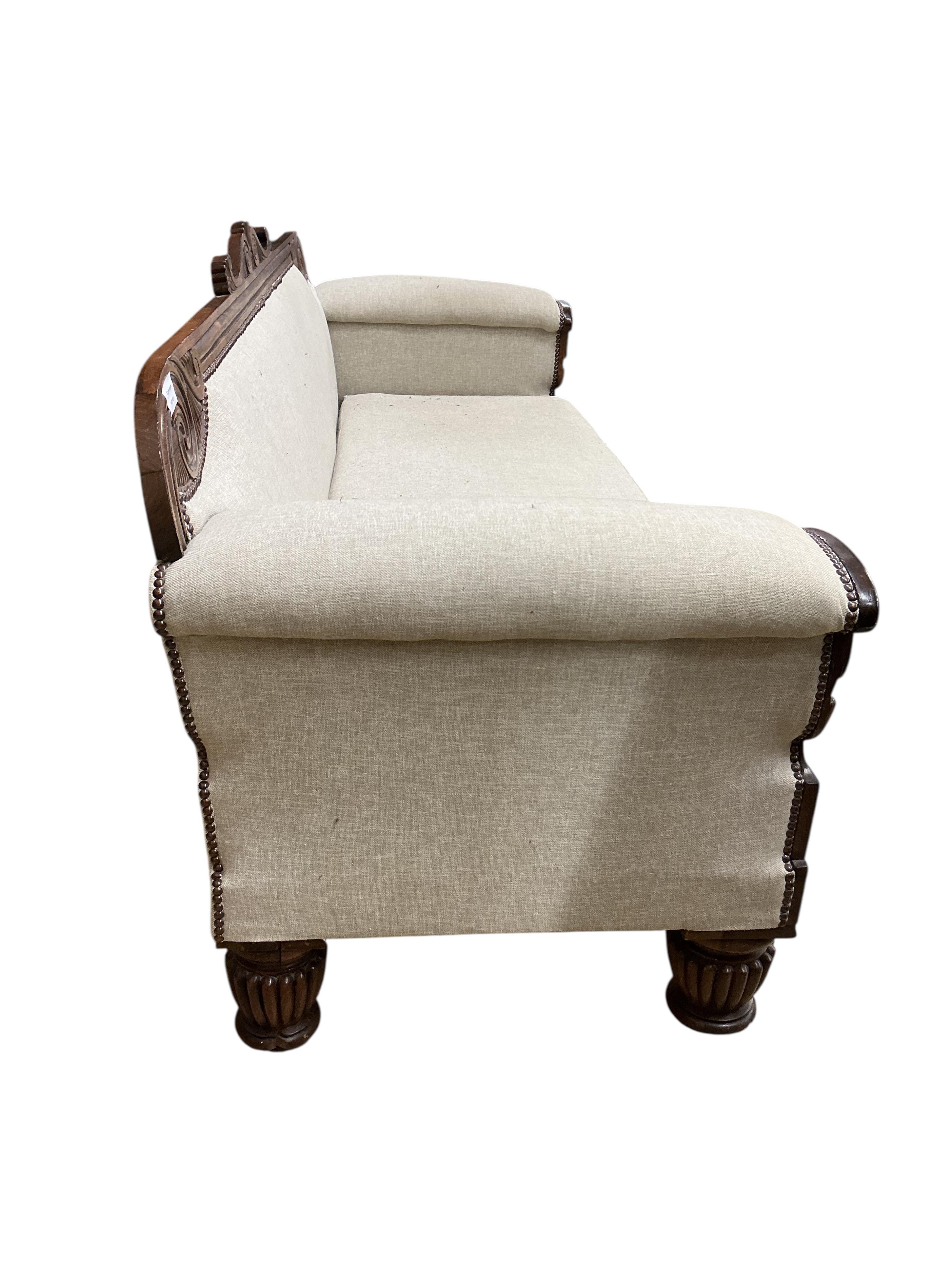 A William IV upholstered rosewood settee, width 200cm, depth 70cm, height 86cm